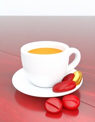 A minimalist studio setup features a white espresso cup filled with fresh coffee on a wooden surface, surrounded by roasted coffee beans, emphasizing purity, balance and product focus.