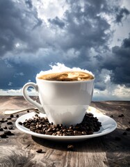 A minimalist studio setup features a white espresso cup filled with fresh coffee on a wooden surface, surrounded by roasted coffee beans, emphasizing purity, balance and product focus.