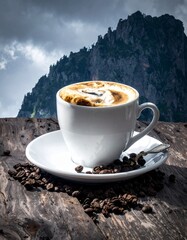 A minimalist studio setup features a white espresso cup filled with fresh coffee on a wooden surface, surrounded by roasted coffee beans, emphasizing purity, balance and product focus.