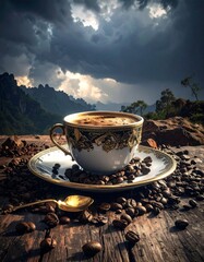 A minimalist studio setup features a white espresso cup filled with fresh coffee on a wooden surface, surrounded by roasted coffee beans, emphasizing purity, balance and product focus.