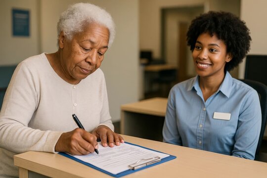 Senior woman signing a document at a desk while smiling receptionist observes in office setting. - Powered by Adobe