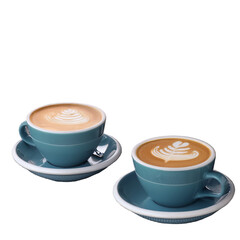 Transparent PNG of two cappuccino cups with creamy foam, perfect for graphic design, menus, branding, social media content and promotional materials related to caf&eacute;s, coffee shops and modern breakfast