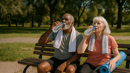 An elderly couple sitting on a park bench, drinking water from bottles after completing their workout, both dressed in athletic wear, looking refreshed.