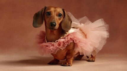 Dachshund wearing tutu at dog show competition, full-length realistic photograph, humorous pet costume contest with professional atmosphereDachshund wearing tutu at dog show competition, full-length r