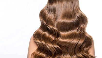 Naklejka premium A close-up view of beautiful, healthy, and glossy brown wavy hair against a plain white background showcases a sophisticated and elegant aesthetic.
