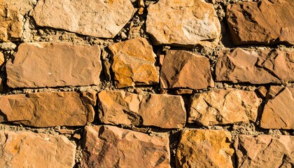 Fototapeta premium Close-up view of a rustic stone wall, exhibiting irregular, reddish-brown stones arranged in a pattern, with mortar filling the gaps.
