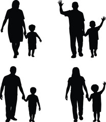 Silhouette illustration of parents walking with children, holding hands, family love, togetherness, parenting bond, child care concept, isolated vector design