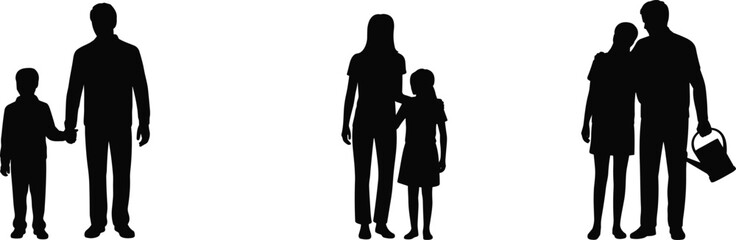 Silhouette of adult and child bonding moments, family care, parenting support, emotional connection, mentorship, nurturing relationships, black figures isolated on white background