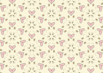 手描き風ピンクハートとキラキラのシームレスパターン｜かわいい背景・バレンタインのデザイン背景