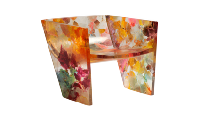 A unique resin chair seat with a kaleidoscopic pattern of vibrant, translucent colors, creating a playful and artistic statement piece for contemporary interiors, isolated on a Transparent Background