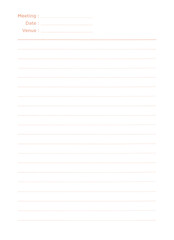 Blank notes template with lines for writing, blank paper meeting note, business document paper for office, conference, or seminar. Minimalist design for recording agenda, date, and venue.