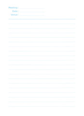 Blank notes template with lines for writing, blank paper meeting note, business document paper for office, conference, or seminar. Minimalist design for recording agenda, date, and venue.