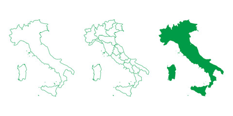 Vector illustration design of three forms of green Italian maps. Italy map.