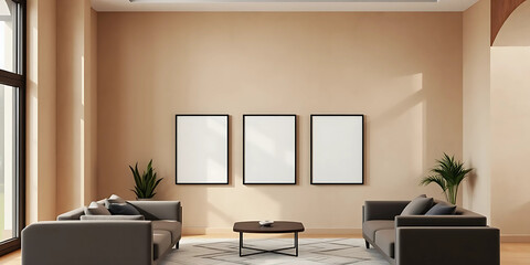 Fototapeta premium A contemporary lounge with textured beige walls, a gallery wall of eight ISO A poster mockups in sleek black frames arranged geometrically.