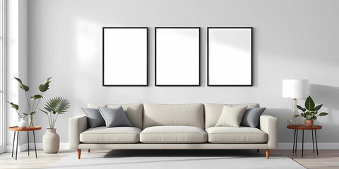 A modern living room with soft gray walls, three ISO A poster mockups in slim black frames aligned horizontally above a sofa.