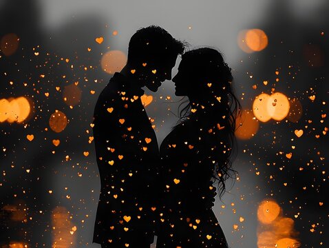 Romantic couple embracing under a sparkling night sky by the river