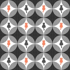 Seamless geometric cat silhouette pattern in black and orange tones. Cute and modern design for fabric, stationery, and digital products