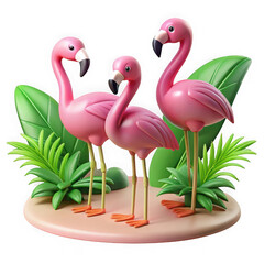 Obraz premium Three elegant pink flamingos gracefully standing on one leg amidst lush tropical foliage