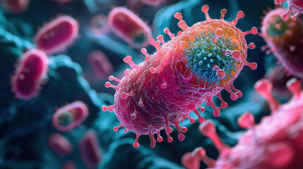 A microscopic ballet unfolds in a close-up, showcasing a kaleidoscope of red, blue, and green microbes, viruses, and bacteria, against a backdrop of a blurred medical background, symbolizing 