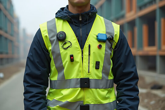 Construction site safety inspector wearing a high visibility vest and monitoring equipment - Powered by Adobe