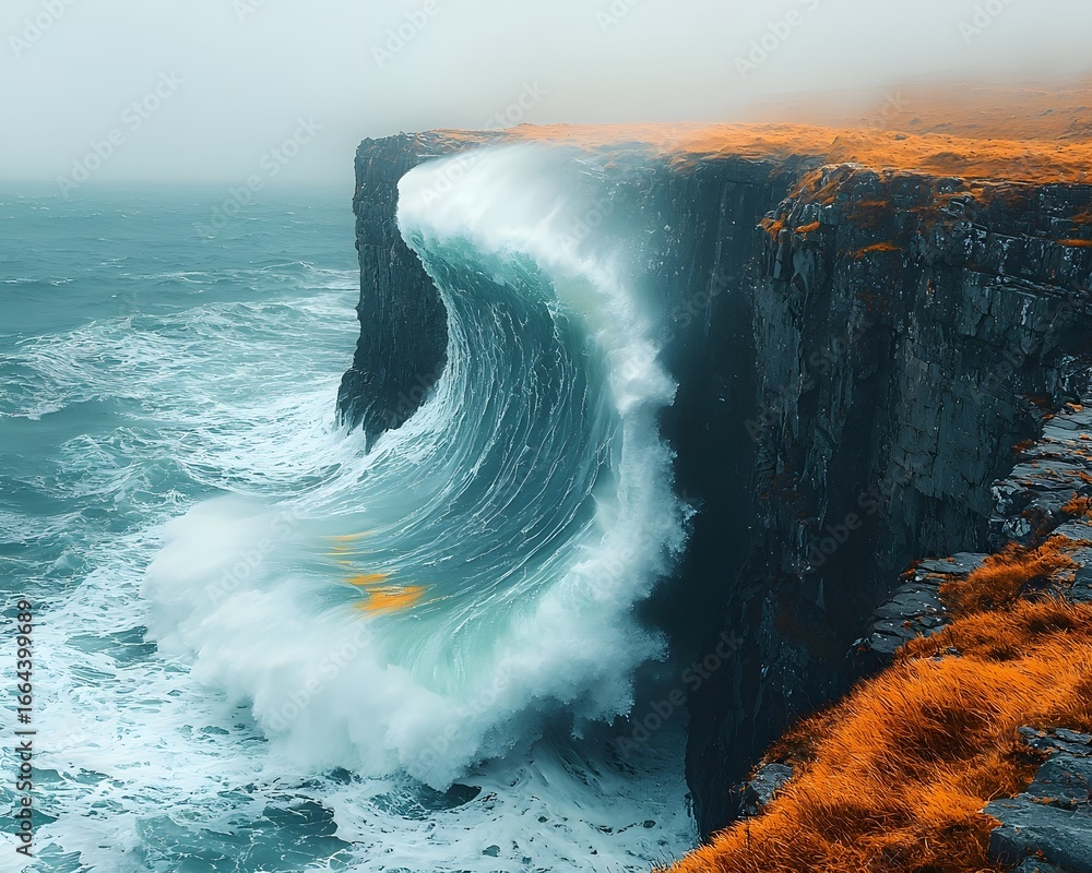 Poster powerful wave crashing against a rugged cliff creating a mesmerizing rainbow mist