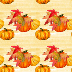 Autumn pumpkins with a plane tree branch on a soft yellow background, seamless floral pattern.