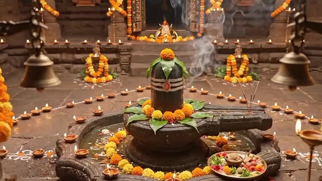 Traditional shiva lingam puja in hindu temple, Celebration for Maha Shivratri, Krishna Janmashtami