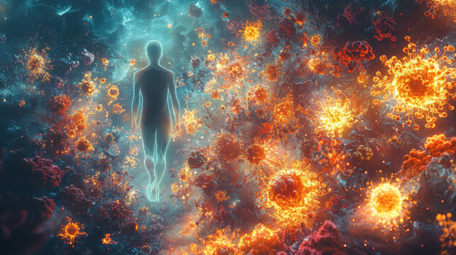 A microscopic battleground of life, where a person's silhouette stands guard against the onslaught of viruses and bacteria, each with their unique shapes and forms. This digital artwork, crafted - Powered by Adobe