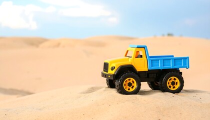 Obraz premium A vibrant yellow and blue toy dump truck sits on a sandy dune, with a vast desert landscape in the background.