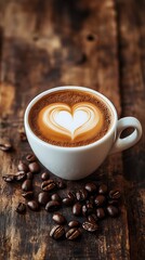 Warm cup of coffee with latte art heart on rustic wooden background