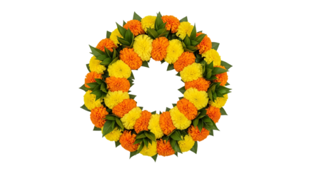 Exquisite marigold blossom circlet, radiant blooms and lush leaves display