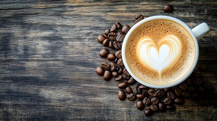 Warm latte coffee with heart art on rustic wooden table