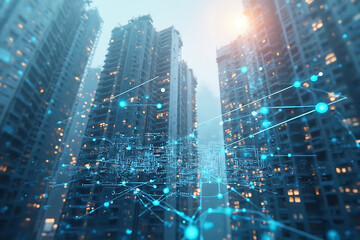 Futuristic city network with data connections, technological innovation and urban connectivity in