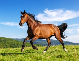 Brown horse galloping in green meadow