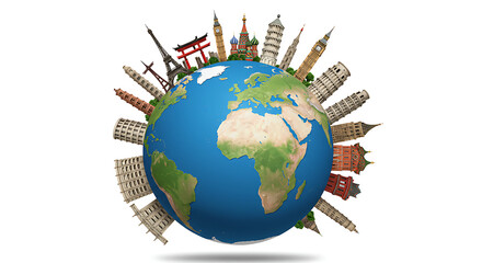 Iconic global landmarks encircling a vibrant earth globe isolated on white background