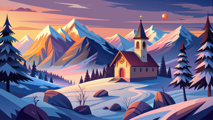 Fototapeta premium Idyllic winter landscape shines gently, small chapel resting in snowy Alps, Berchtesgadener Land glowing in twilight, silence blankets earth, purity whispers softly, harmony between nature and faith c