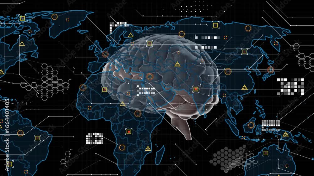 Poster 3d brain model rotating and hud icons materializing after map expansion driving data integration