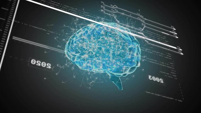 On opening glowing 3D brain floating, glitch sweeping, brain rotating, timeline showing progression