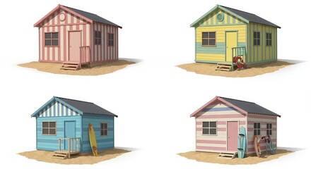 Colorful beach huts on sandy beach