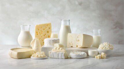 Assorted dairy products arranged on a marble surface, highlighted by cool overhead lighting.