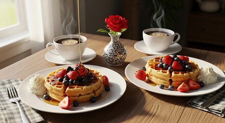 Waffles, coffee, and a rose