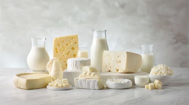 Assorted dairy products arranged on a marble surface, highlighted by cool overhead lighting.