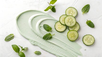 Fresh cucumber slices and mint leaves with a creamy, light green spread create a spa-like, refreshing aesthetic perfect for beauty and wellness brands