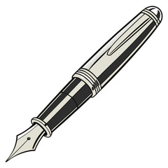 A classic black and silver fountain pen with a pointed nib and clip on a white background