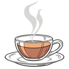 A clear glass cup of hot beverage with steam rising sits on a saucer isolated on white