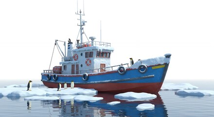 Fishing boat and penguins on ice floes
