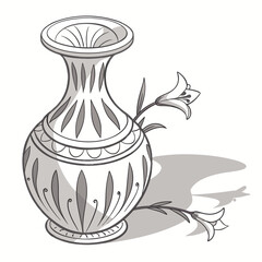 Elegant antique vase with delicate lily flowers and a subtle shadow rendered in a classic line art style