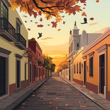 Fototapeta Colorful street scene at sunset