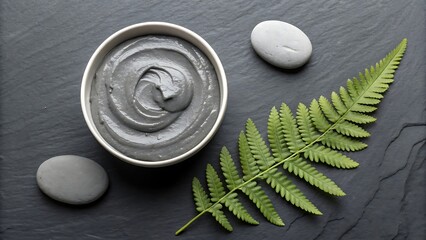 Relaxing spa treatment arrangement with gray clay mask, smooth stones, and vibrant green fern leaf on dark slate for wellness and beauty