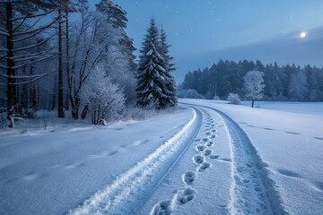 Fototapeta premium Snowy forest path with tire tracks and footprints under a twilight sky